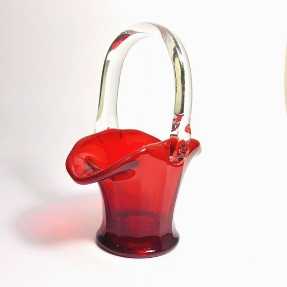 Mosser Ruby Red Art Glass Basket Clear Handle USA Flower Daisy - Picture 2 of 8